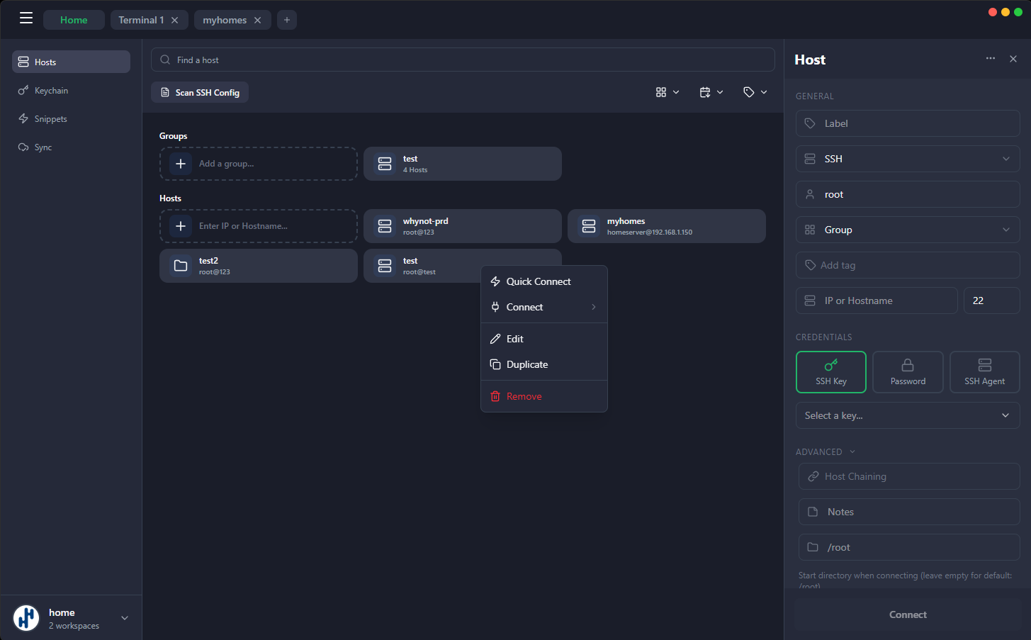 SSH host manager sidebar